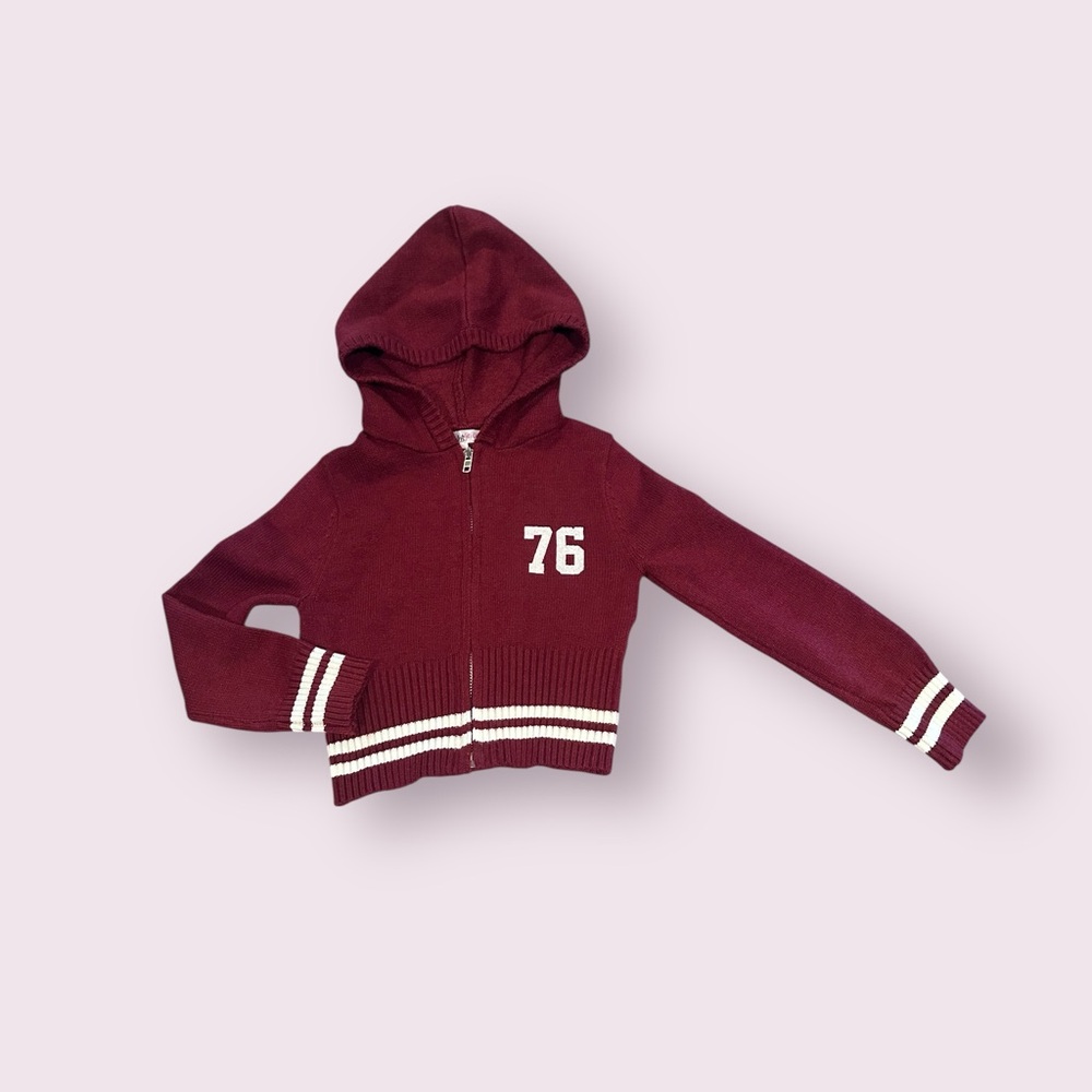 Stella Tweed Girls Maroon Hooded Zip Sweater with '76 & Stripe Detail Size 7/8